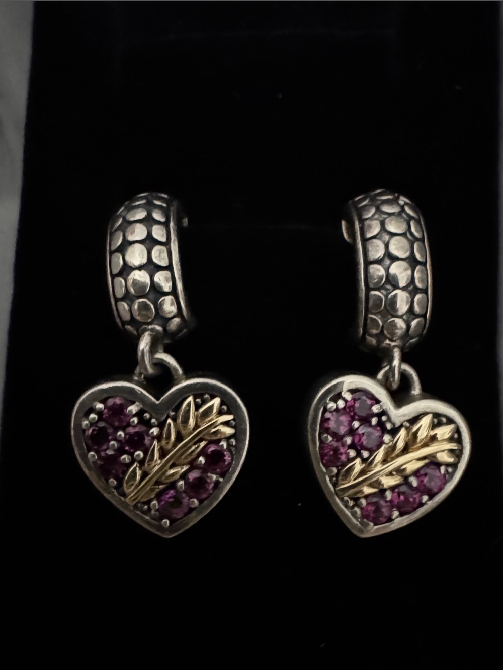 Sterling Silver, 14k Gold, and Amethyst Heart Drop Earrings